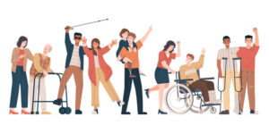 An illustrated image of several people with different disabilities are happy and celebrating.