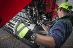 A commercial driver conducts a pre-trip inspection of the engine compartment of their truck.