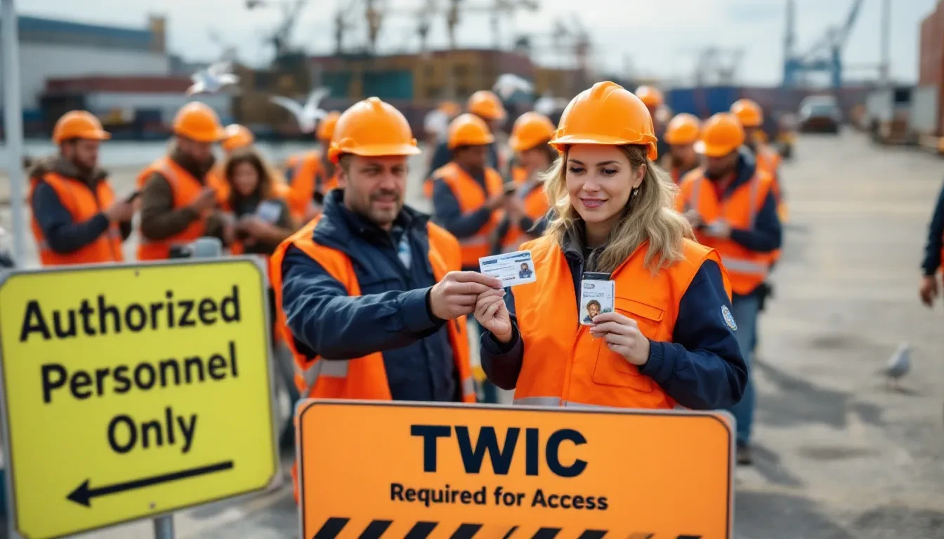A maritime facility showing workers using TWIC cards for access.