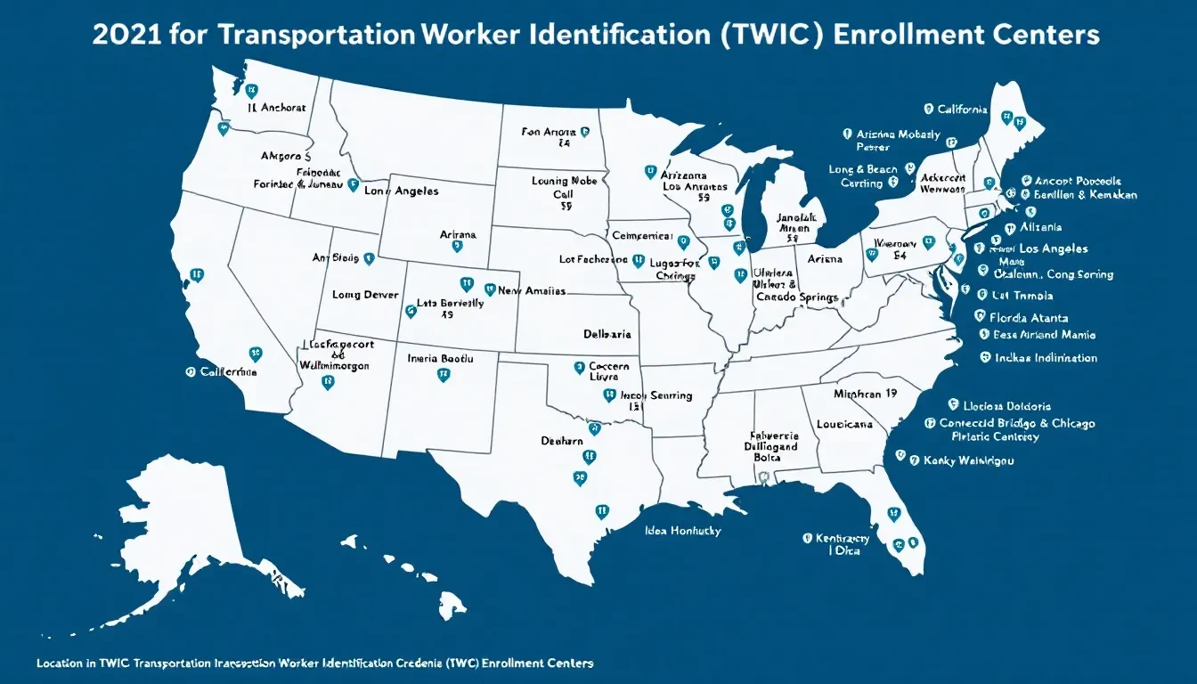 A map showing locations of TWIC enrollment centers.