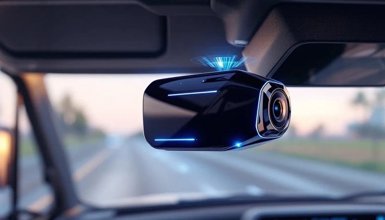 An AI dash cam installed in a commercial vehicle, showcasing its advanced technology.