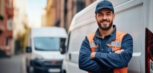 A happy professional driver smiles while leaning against their delivery van, an indication of a retained driver that's satisfied with their safety training, more responsible because of it, and willing to stay with their company - all a welcome relief for fleet managers, environmental health and safety officers, and anyone involved in the administration of professional drivers.