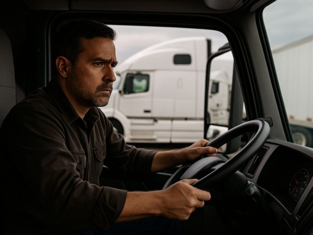 A driver of a small fleet behind the wheel of a truck concerned about rising insurance costs